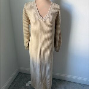 In Loom Cream Ribbed Knit Sweater‎ Dress Long Sleeve V-Neck Midi Dress M